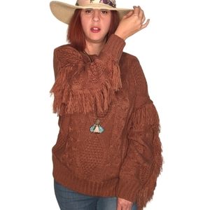 ENTRO | ANTHROPOLOGIE Fringe Cable Knit Sweater ~ NWT